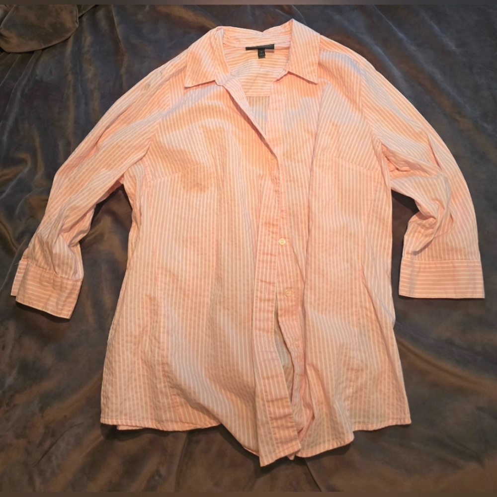 Lane Bryant Baby Blush Pink White Striped 3/4 Sleeve Button Up Blouse Shirt Top